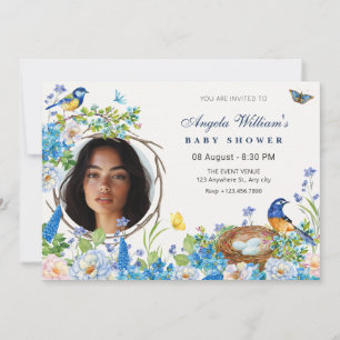 Spring flower garden bird photo baby shower invitation