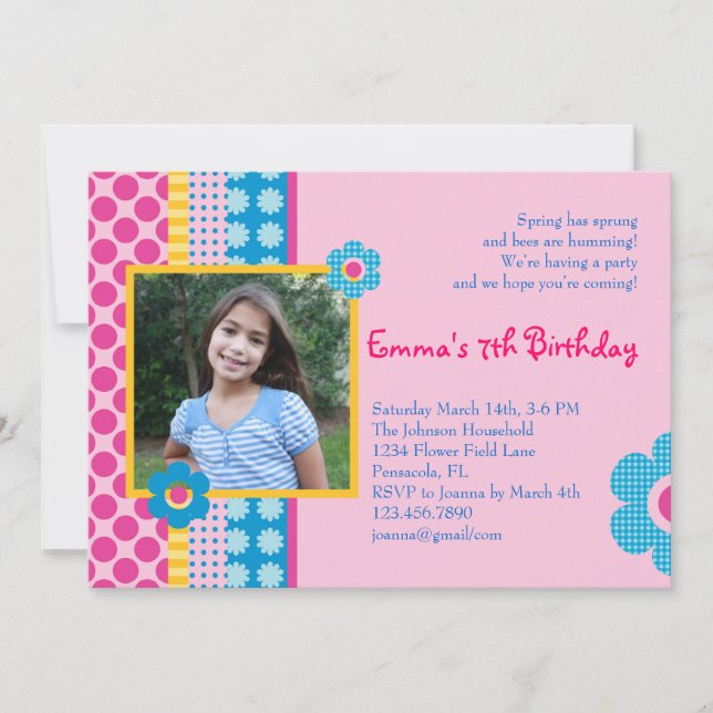 Spring Flower Girl Birthday Photo Invitation (Front)
