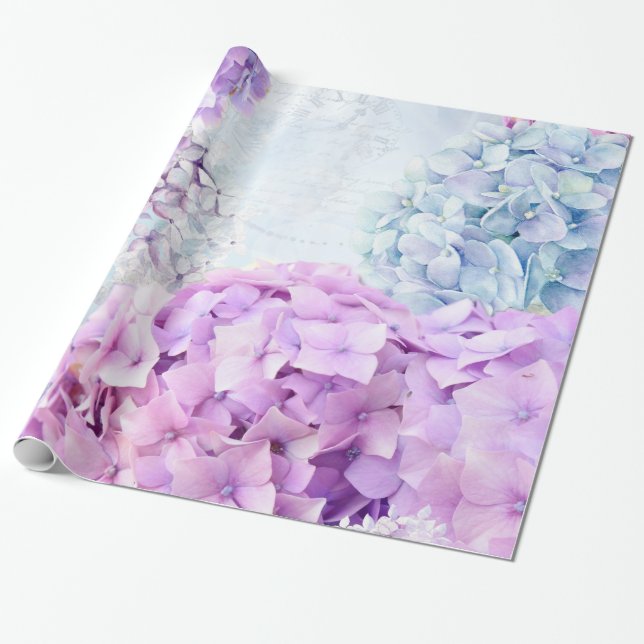 Spring Flower Hydrangea Pastel Collage Wrapping Paper (Unrolled)