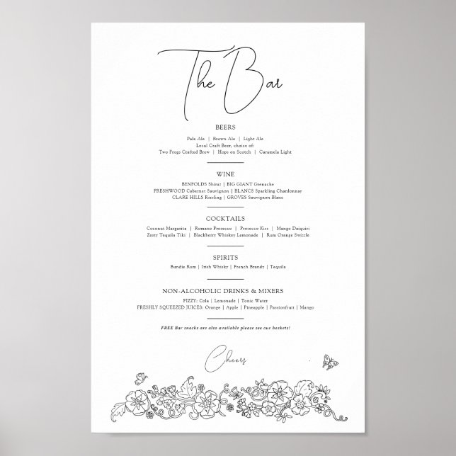 Spring flower line art wedding drinks bar menu poster (Front)