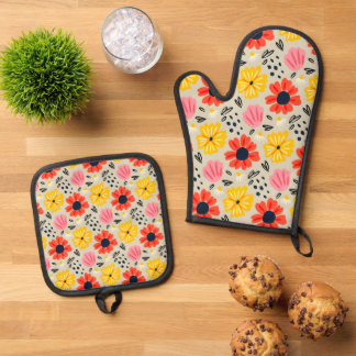 Spring Flower Pattern  Oven Mitt & Pot Holder Set
