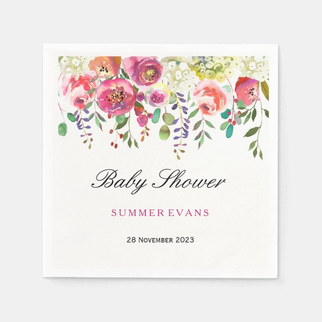 Spring Flower Pink Peach Tropical Baby Shower Napkin (Front)