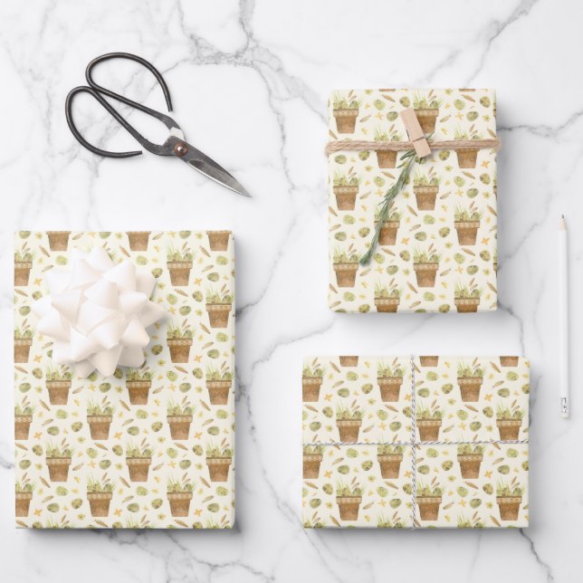 Spring Flower Pots Random Painted Pattern Wrapping Paper Sheet (Front)