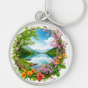 Spring Flower Wreath Framing Tranquil Mountain Keychain