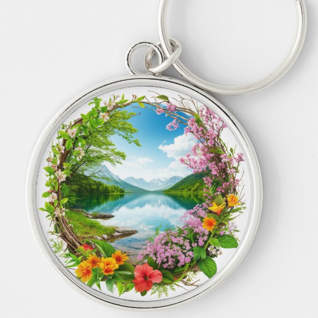 Spring Flower Wreath Framing Tranquil Mountain  Keychain (Front)