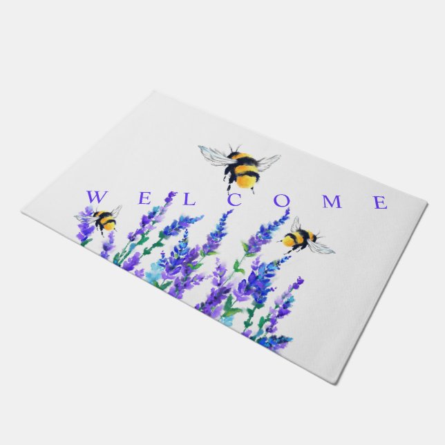 Spring Flowers and Bees Flying - Drawing - Welcome Doormat (Angled)