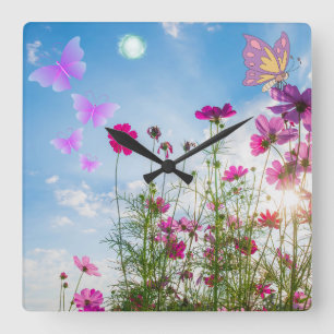 spring flowers and butterfly square wall clock