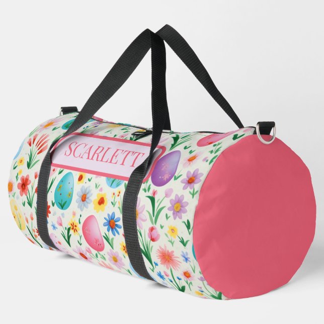 Spring Flowers and Easter Eggs Personalized Duffle Bag (Left Corner)