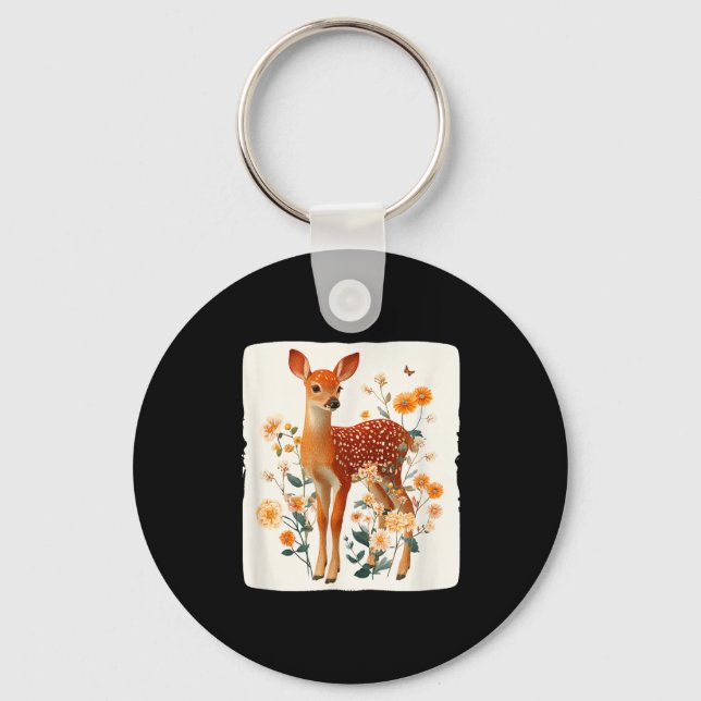 Spring flowers and fawn deer graphic costume  keychain (Front)