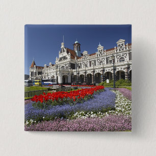 Spring Flowers and Historic Railway Station, 2 Inch Square Button