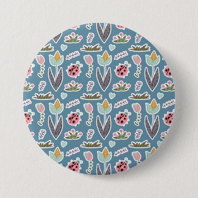 Spring Flowers and Ladybug Pattern 3 Inch Round Button (Front)