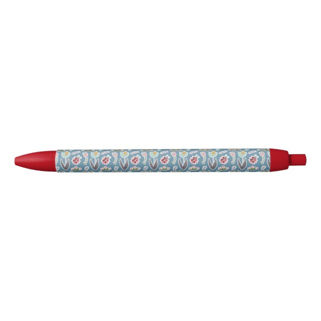 Spring Flowers and Ladybug Pattern Black Ink Pen (Front)