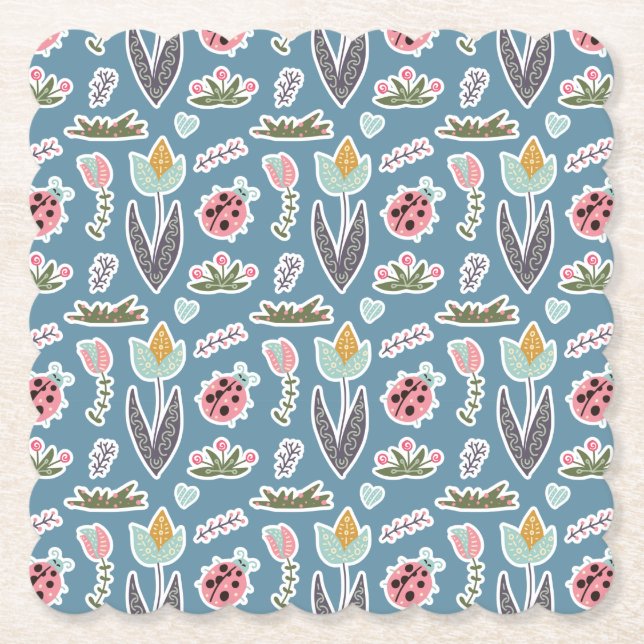 Spring Flowers and Ladybug Pattern Paper Coaster (Front)