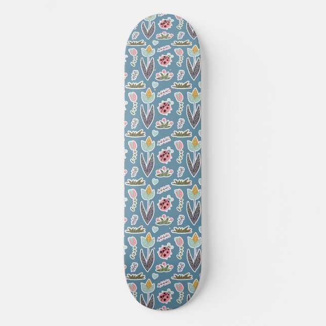 Spring Flowers and Ladybug Pattern Skateboard (Front)