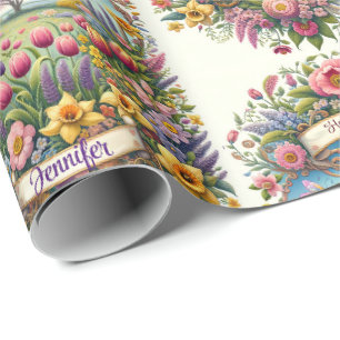 Spring Flowers Banner Name Happy Birthday Tulips Wrapping Paper