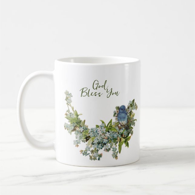 Spring Flowers Bird Religious God Bless You Coffee Mug (Left)
