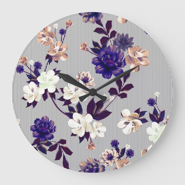 Spring Flowers Black Silhouette Pattern Large Clock (Front)