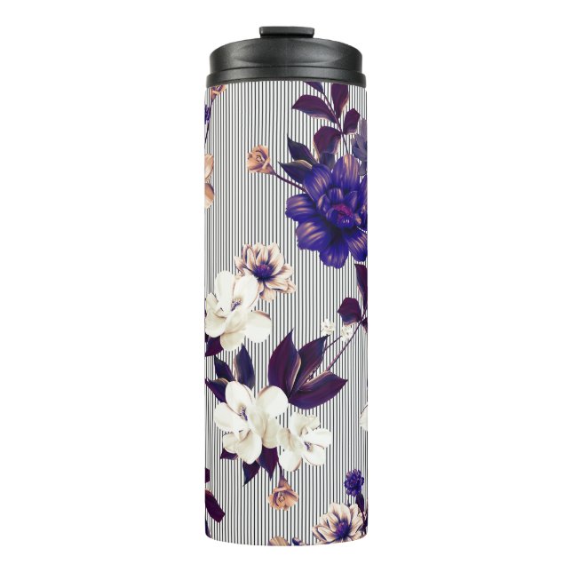 Spring Flowers Black Silhouette Pattern Thermal Tumbler (Front)