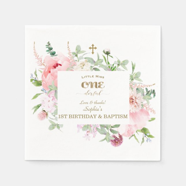 Spring Flowers Bloom First Birthday & Baptism Napkin (Front)