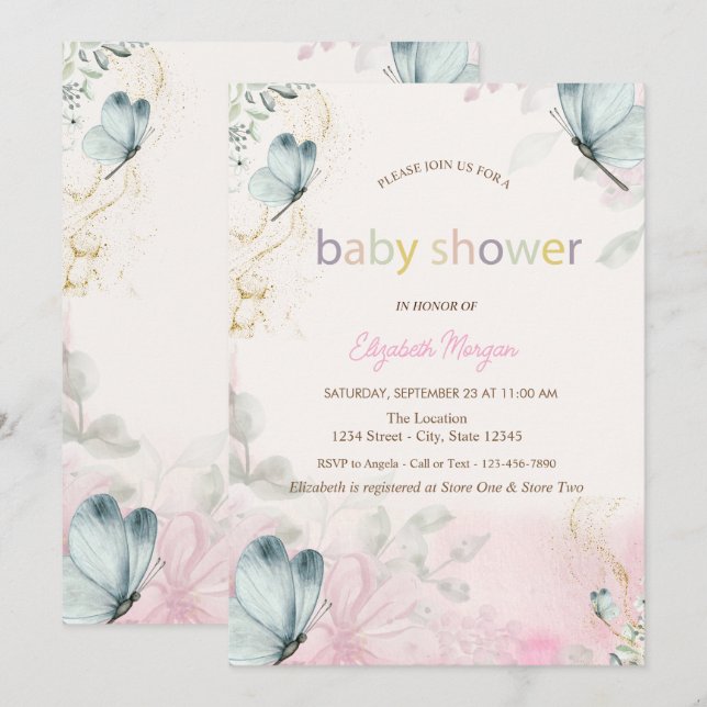  Spring Flowers Blue Butterflies Baby Shower Invitation (Front/Back)