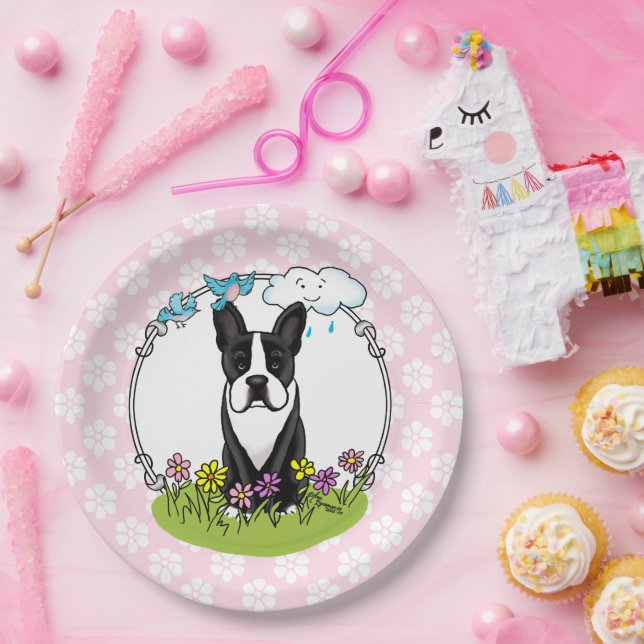 Spring Flowers Boston Terrier Dog (black) Cute Paper Plate (Party)
