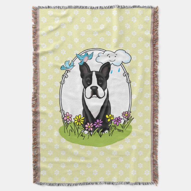 Spring Flowers Boston Terrier Dog (black) Cute Throw Blanket (Front Vertical)