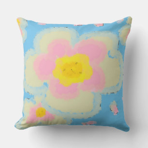 Spring Flowers Bright Blue and Pink Throw Pillow
