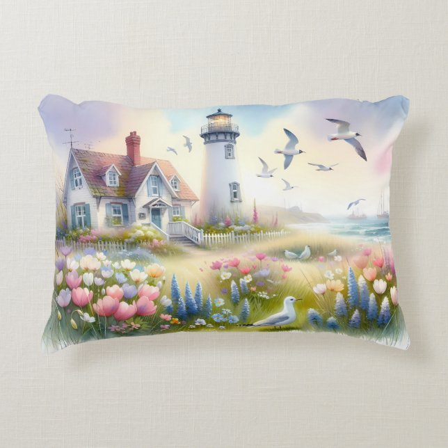 Spring Flowers by Lighthouse Coastal Cottage Accent Pillow (Front)