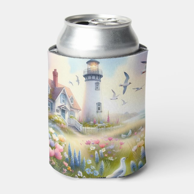 Spring Flowers by Lighthouse Coastal Cottage Can Cooler (Can Front)