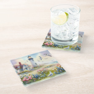Spring Flowers by Lighthouse Coastal Cottage Glass Coaster
