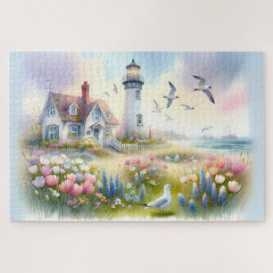 Spring Flowers by Lighthouse Coastal Cottage Jigsaw Puzzle