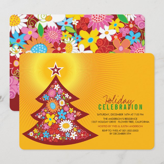 Spring Flowers Christmas Tree Holiday Party Invite (Front/Back)