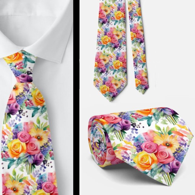 Spring Flowers Colourful Rainbow Watercolor Floral Tie (Creator Uploaded)