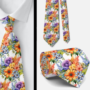 Spring Flowers Colourful Rainbow Watercolor Floral Tie