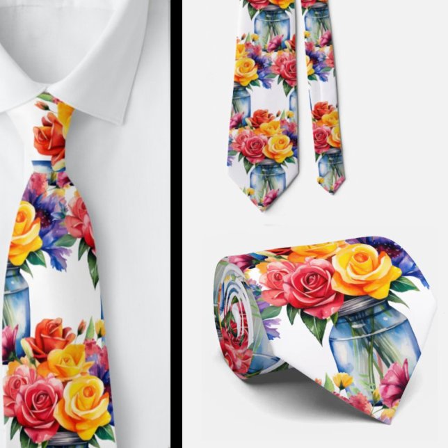 Spring Flowers Colourful Rainbow Watercolor Floral Tie (Creator Uploaded)