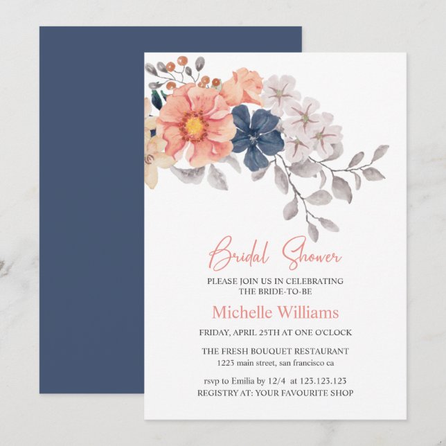 Spring Flowers Coral Navy Bridal Shower Invitation (Front/Back)