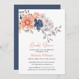 Spring Flowers Coral Navy Bridal Shower Invitation
