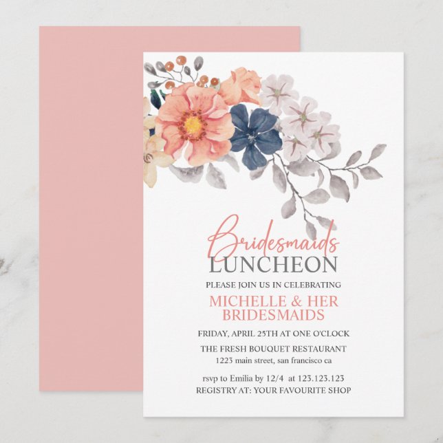 Spring Flowers Coral Navy Bridesmaids Luncheon Inv Invitation (Front/Back)