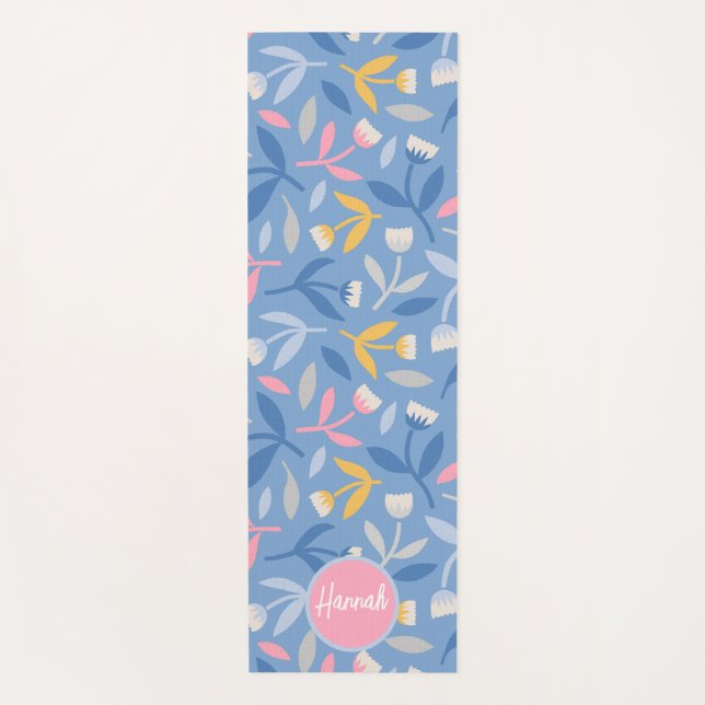 Spring Flowers Custom Blue & Pink Personalized Yoga Mat (Front)