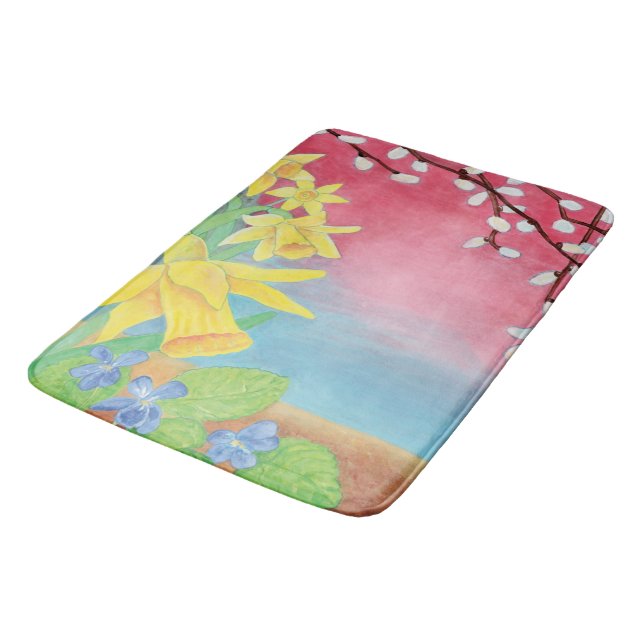 Spring flowers, Daffodils, Salix caprea & Violets  Bath Mat (Angled)