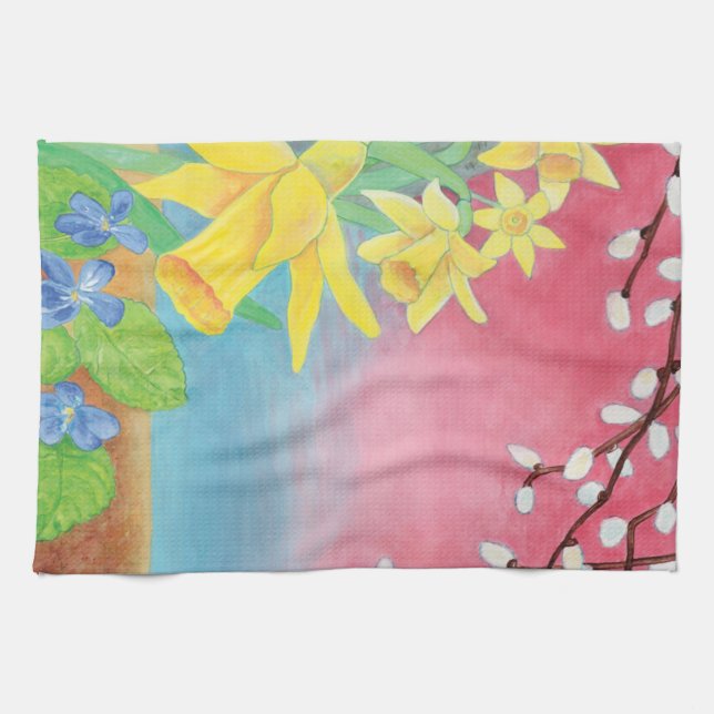Spring Flowers - Daffodils, Willow, Violets  Kitchen Towel (Horizontal)
