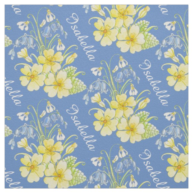 Spring flowers drawing and name yellow blue fabric (Swatch)