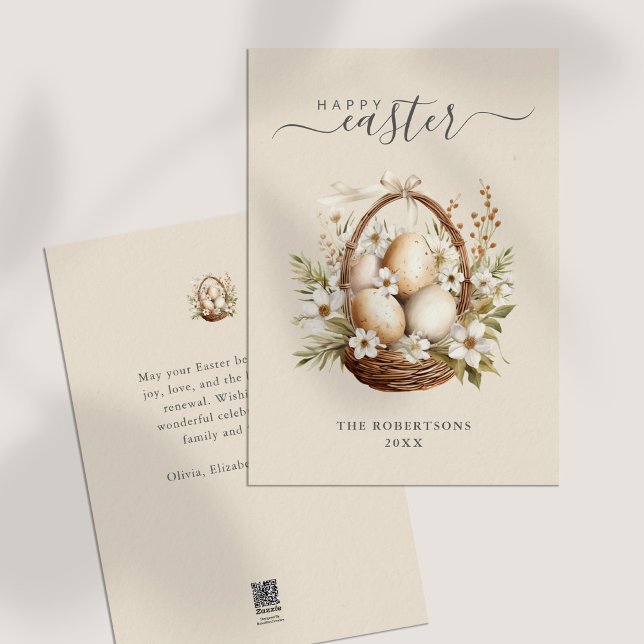 Spring Flowers Eggs Pastel Happy Easter Greeting Holiday Card (Spring Flowers Eggs Pastel Happy Easter Greeting Holiday Card on a neutral table.)