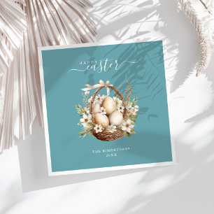 Spring Flowers Eggs Teal Happy Easter Napkin