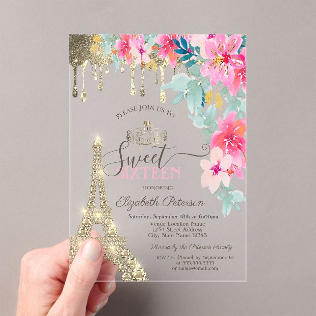 Spring Flowers Eiffel Tower Gold Drips Sweet 16 Acrylic Invitations (Insitu (Handheld))