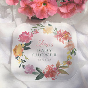 Spring Flowers Elegant Girl Baby Shower Paper Plate