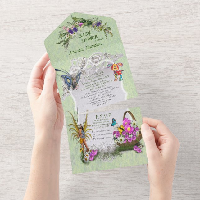 Spring Flowers & FAIRIES All in One Baby Shower Invitation (Tearaway)