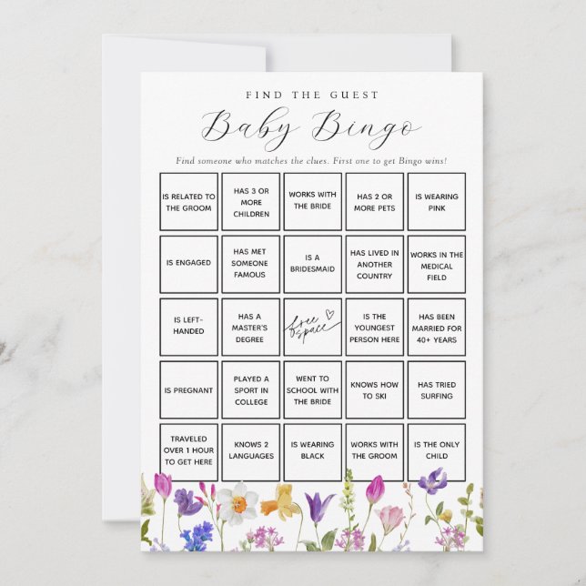 Spring Flowers Find the Guest Baby Bingo Game Card (Front)