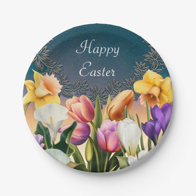 Spring Flowers Floral Frame Elegant Chic Party Paper Plate (Front)