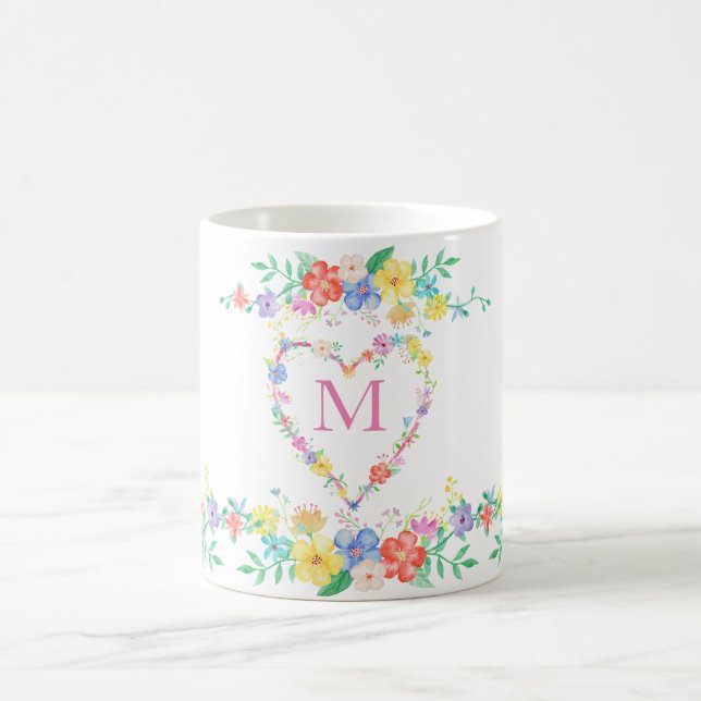 spring flowers floral initial monogram watercolor coffee mug (Center)